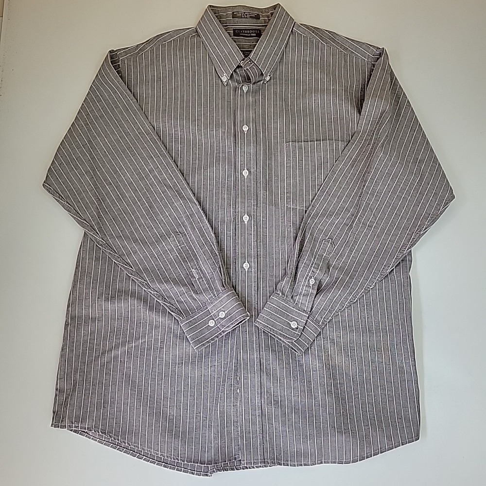 Claybrooke‎ Men's Dress Shirt Wrinkle Free Size 17.5 34/35 Striped Brown Preppy